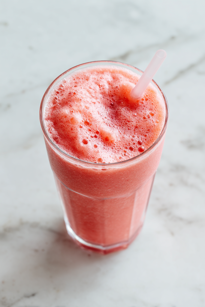 served_watermelon_smoothie_in_clear_glass_with_condensation_on_white_marble
