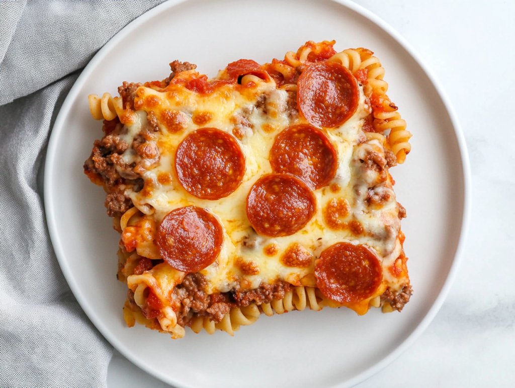 serving-a-square-slice-of-loaded-meat-lovers-pizza-casserole-on-a-matte-white-ceramic-plate