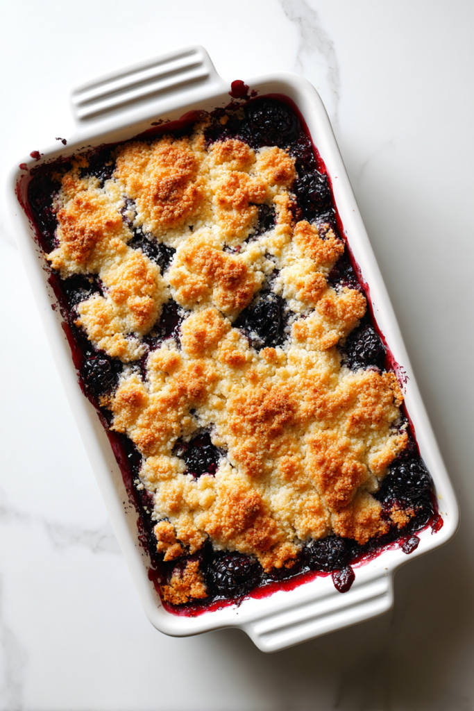 serving-blackberry-cobbler-from-white-dish-on-marble