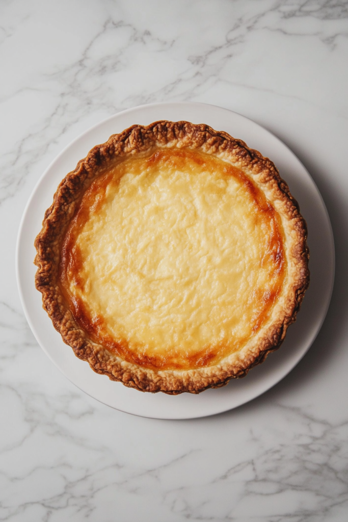 This image shows a buttermilk pie with one slice slightly pulled out, revealing its creamy inside, all set over a clean white marble countertop.