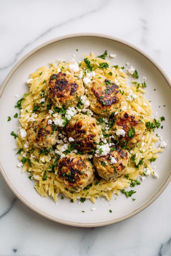 serving-greek-meatballs-on-lemon-orzo-with-feta-and-parsley