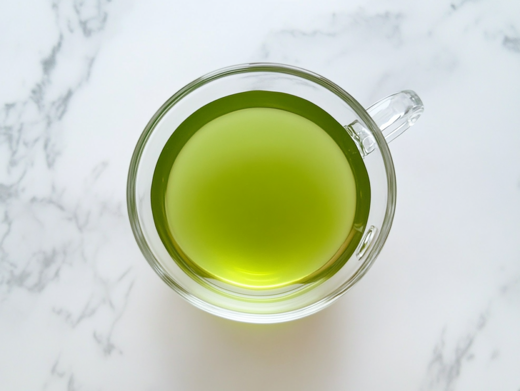 This image shows a top-down view of finished Japanese Mounjaro tea in a clear glass bowl with raw honey blended in, set on a clean white marble surface.