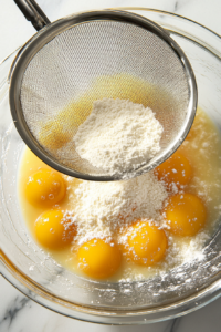 sifting_flour_into_egg_sugar_mixture_for_madeleine_cake_over_white_marble-2