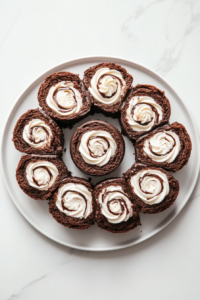 This image shows sliced rounds of a chocolate Swiss roll arranged on a round white ceramic plate, revealing neat cream swirls, with no utensils in sight, placed over a clean white marble countertop.