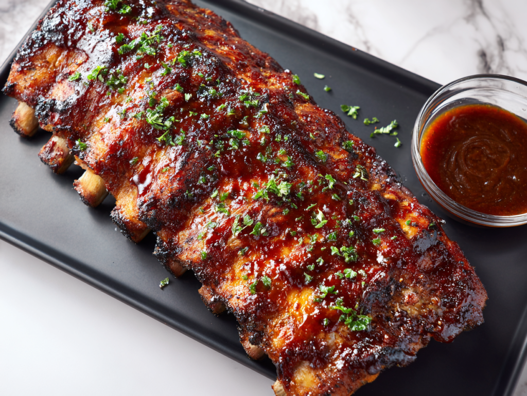 smoked-ribs-on-black-platter-with-bbq-sauce-top-down-view