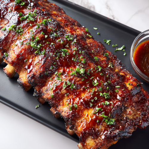 smoked-ribs-on-black-platter-with-bbq-sauce-top-down-view