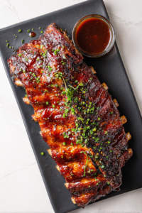 smoked-ribs-served-on-black-platter-with-glaze-and-sauce-on-marble