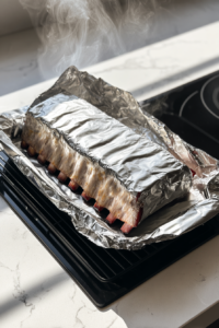 smoked-ribs-wrapped-in-foil-resting-on-white-marble