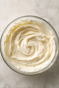 smooth-pourable-cream-cheese-frosting-in-clear-glass-bowl-on-white-marble