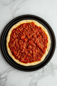 This image shows a top-down view of refried black beans mixed with salsa in a stainless steel saucepan over a white marble surface.