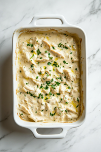 spreading-creamy-chicken-mixture-into-white-baking-dish