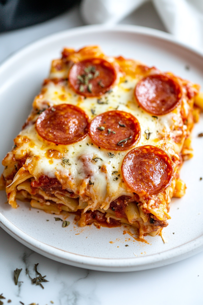 square-slice-loaded-meat-lovers-pizza-casserole-on-white-plate