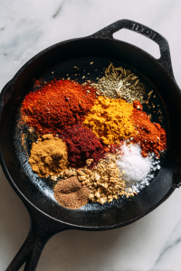 toasting-spices-in-black-skillet-on-white-marble