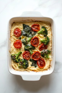 top-down-baked-hummus-pasta-mixture-in-white-ceramic-dish-on-marble-being-baked-2