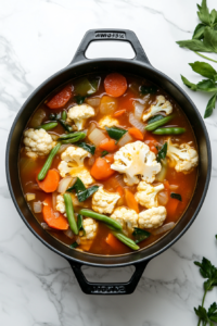 top-down-black-dutch-oven-simmering-keto-vegetable-soup-on-white-marble
