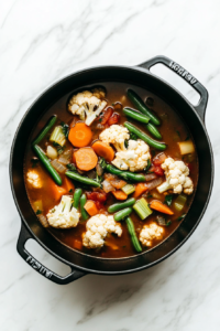 top-down-black-dutch-oven-stirring-keto-vegetable-soup-ingredients-on-white-marble