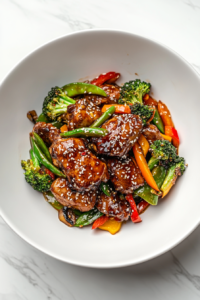 top-down-keto-chicken-stir-fry-served-in-white-bowl-on-white-marble