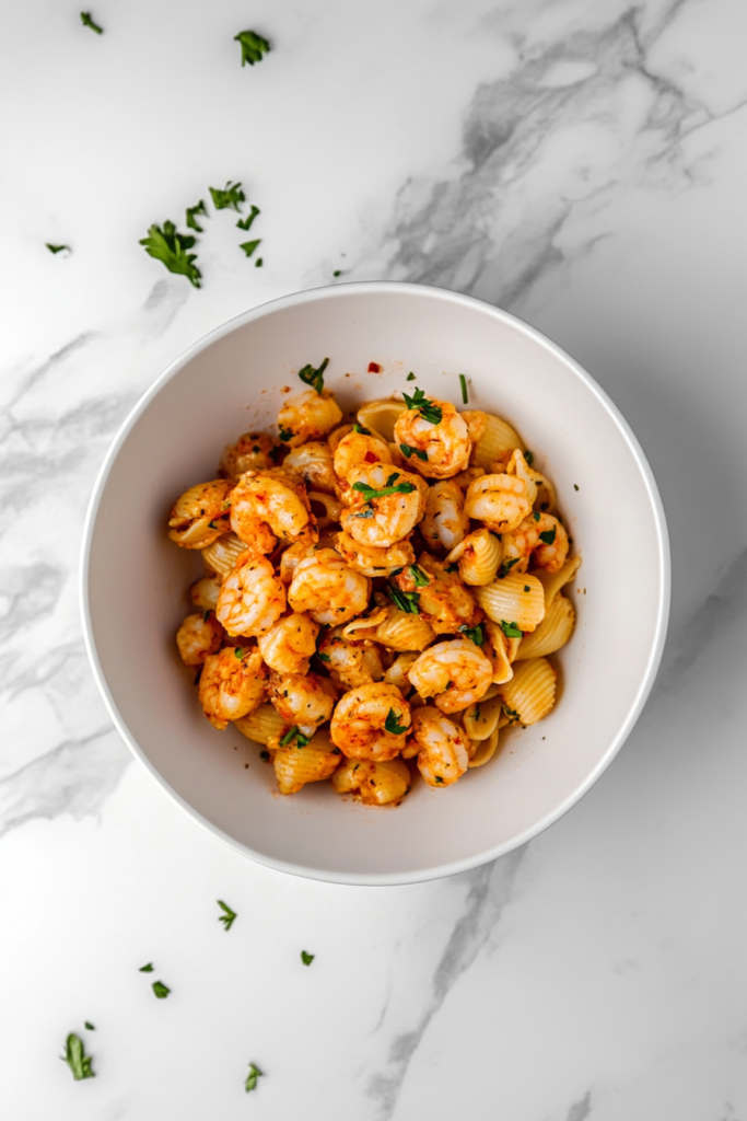 This image shows a top-down view of an Italian shrimp salad in a white bowl, placed on a clean white marble surface, with vibrant shrimp, pasta, and herbs under soft iPhone 16 Pro Max lighting.