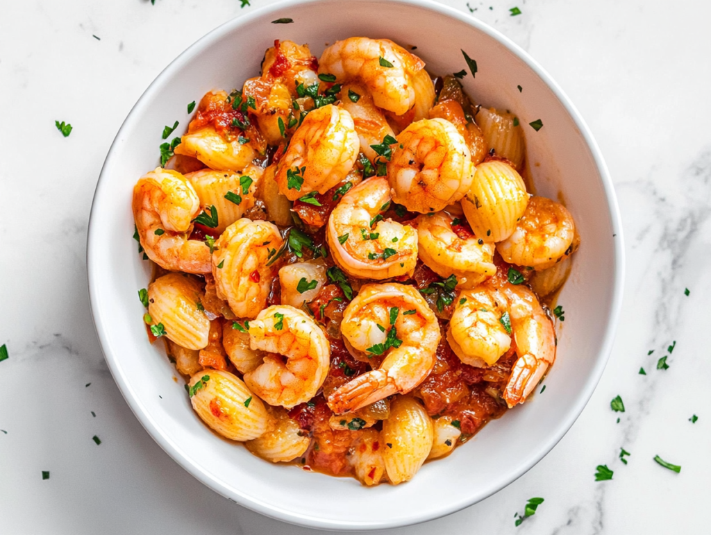 This image shows the completed Italian shrimp salad plated in a white bowl and garnished with parsley, sitting on a clean white marble surface.