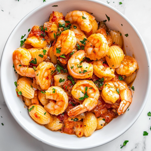 This image shows the completed Italian shrimp salad plated in a white bowl and garnished with parsley, sitting on a clean white marble surface.