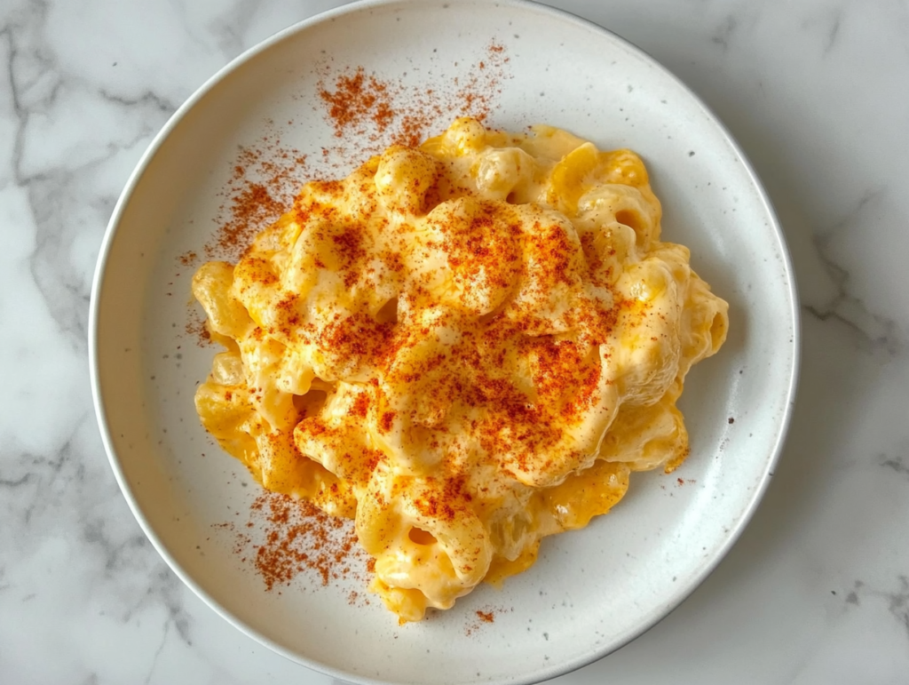 top-down-shot-of-creamy-crockpot-mac-and-cheese-served-on-white-ceramic-plate-on-white-marble