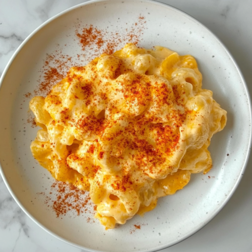 top-down-shot-of-creamy-crockpot-mac-and-cheese-served-on-white-ceramic-plate-on-white-marble