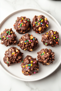 top-down-shot-of-crockpot-candy-arranged-on-white-ceramic-plate-on-white-marble-countertop