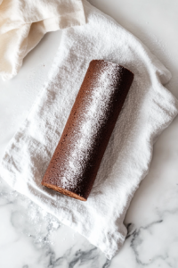 top-down-view-of-chocolate-batter-in-rectangular-baking-dish-on-white-marble