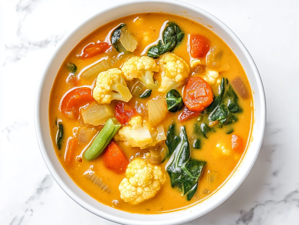 top-down-white-ceramic-bowl-keto-vegetable-soup-on-white-marble