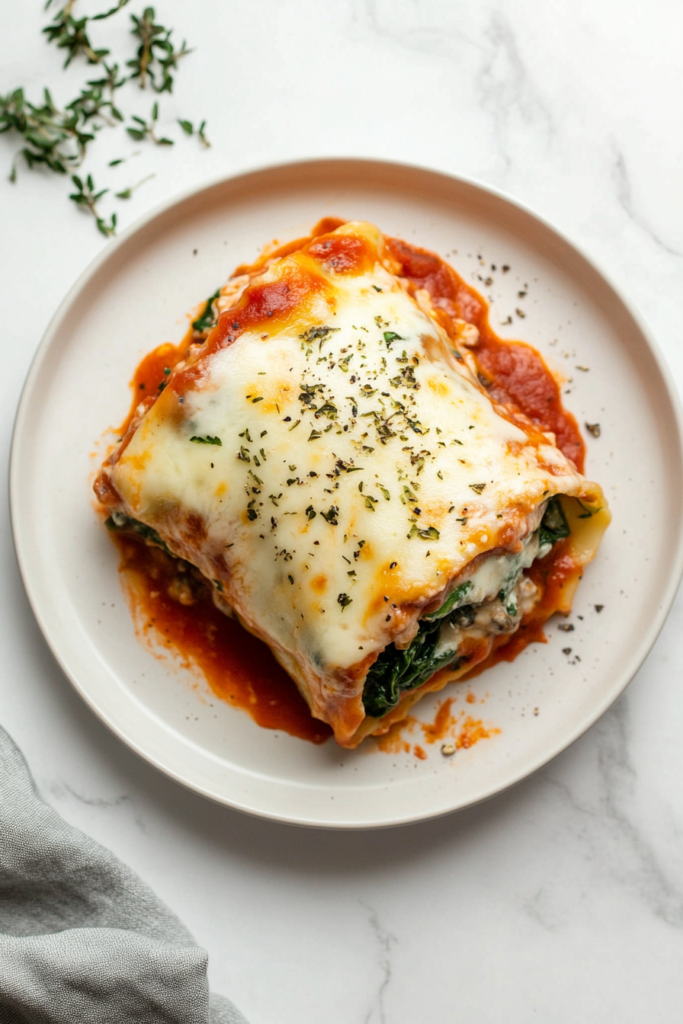 top-down-white-ceramic-plate-serving-mushroom-spinach-lasagna-rolls-white-marble