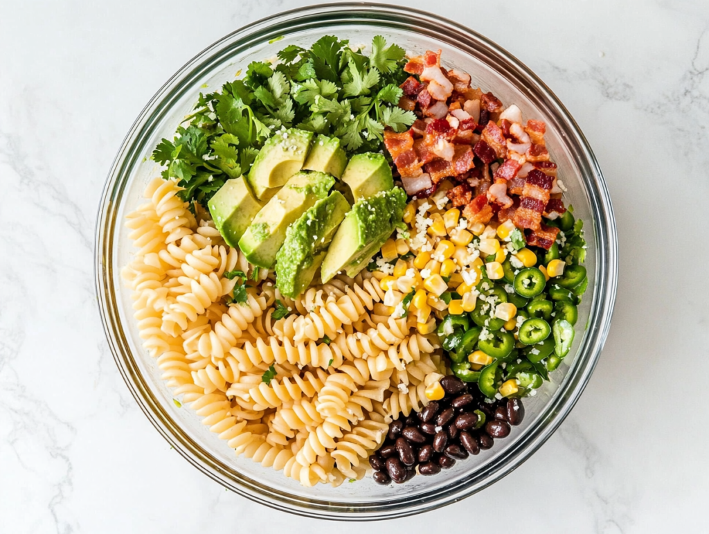 This image shows a top-down view of vibrant Mexican Street Corn Pasta Salad served in a clear glass bowl, resting on a clean white marble surface.