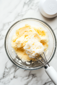 whipping-butter-and-sugar-in-clear-glass-bowl-on-white-marble
