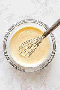 This image shows instant French vanilla pudding being whisked with cold whole milk in a large transparent glass bowl placed over a white marble countertop.