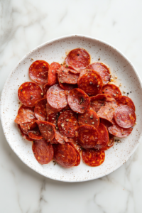 whole-and-chopped-pepperoni-on-white-plate-on-marble