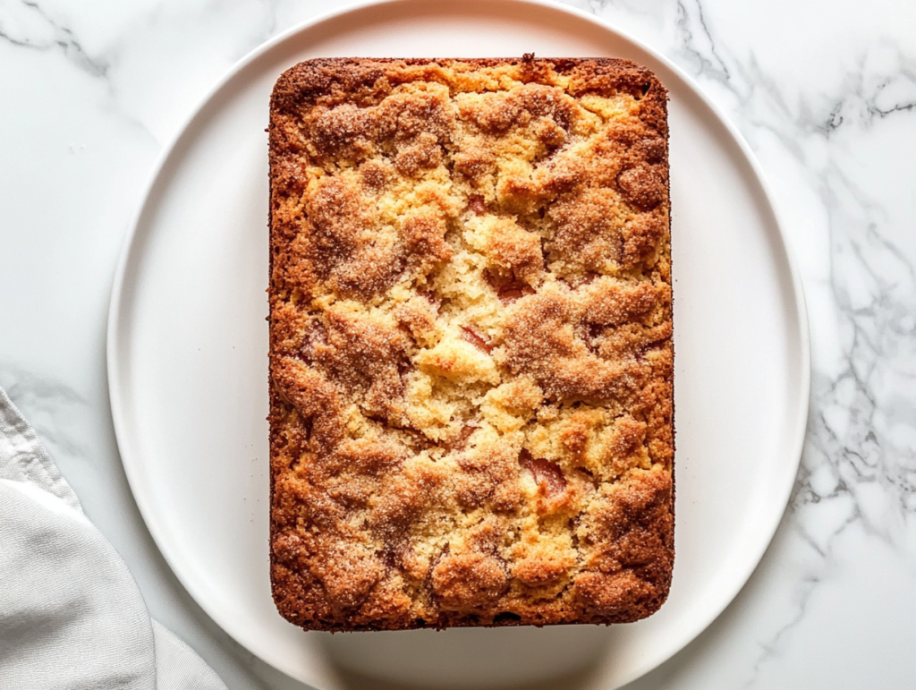 whole-rectangular-rhubarb-cake-on-white-round-plate-over-marble-top