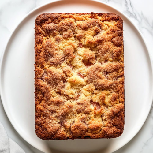 whole-rectangular-rhubarb-cake-on-white-round-plate-over-marble-top