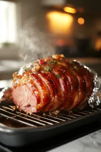 Once cooked, remove the ham from the oven