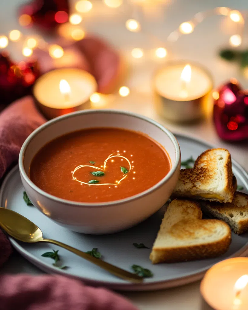 Creamy Tomato Basil Soup with Grilled Cheese Hearts