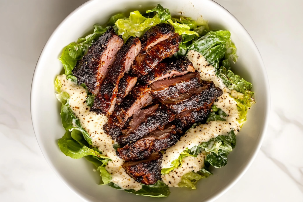 This image shows a white bowl filled with crispy romaine lettuce, blackened pork slices, croutons, and a creamy Caesar dressing made with mayonnaise, olive oil, lemon juice, minced garlic, seasoned salt, and pepper.