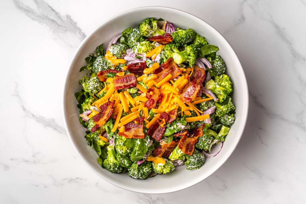 This image shows a white bowl of broccoli salad mixed with crispy bacon and tossed in a smooth dressing made by whisking together