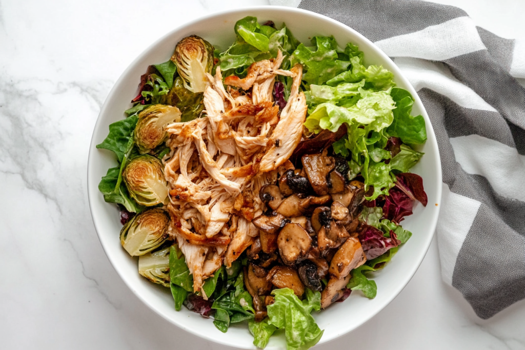 This image shows a hearty salad in a white bowl with grilled chicken, shredded Brussels sprouts, and sautéed mushrooms, dressed with olive oil, red wine vinegar, minced shallot, Dijon mustard, chopped thyme, and ground pepper.