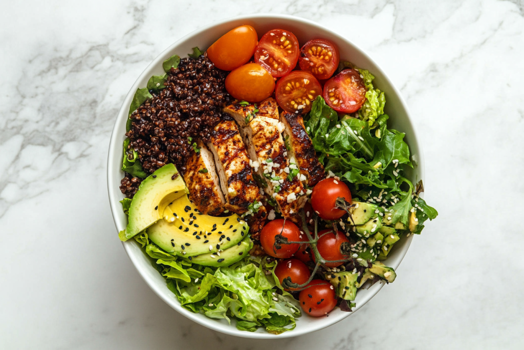 This image shows a hearty chopped power salad in a white bowl featuring green-leaf lettuce, spinach, shredded chicken, grape tomatoes, cucumber, slivered red onion, and sliced pepperoncini.