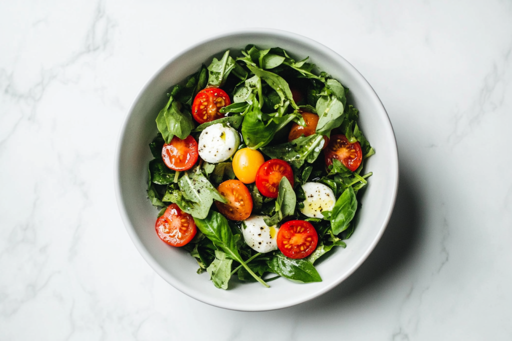 This image shows a white bowl filled with a fresh chopped salad made with basil, mozzarella, and cherry tomatoes, drizzled with balsamic vinegar for a flavorful finish.