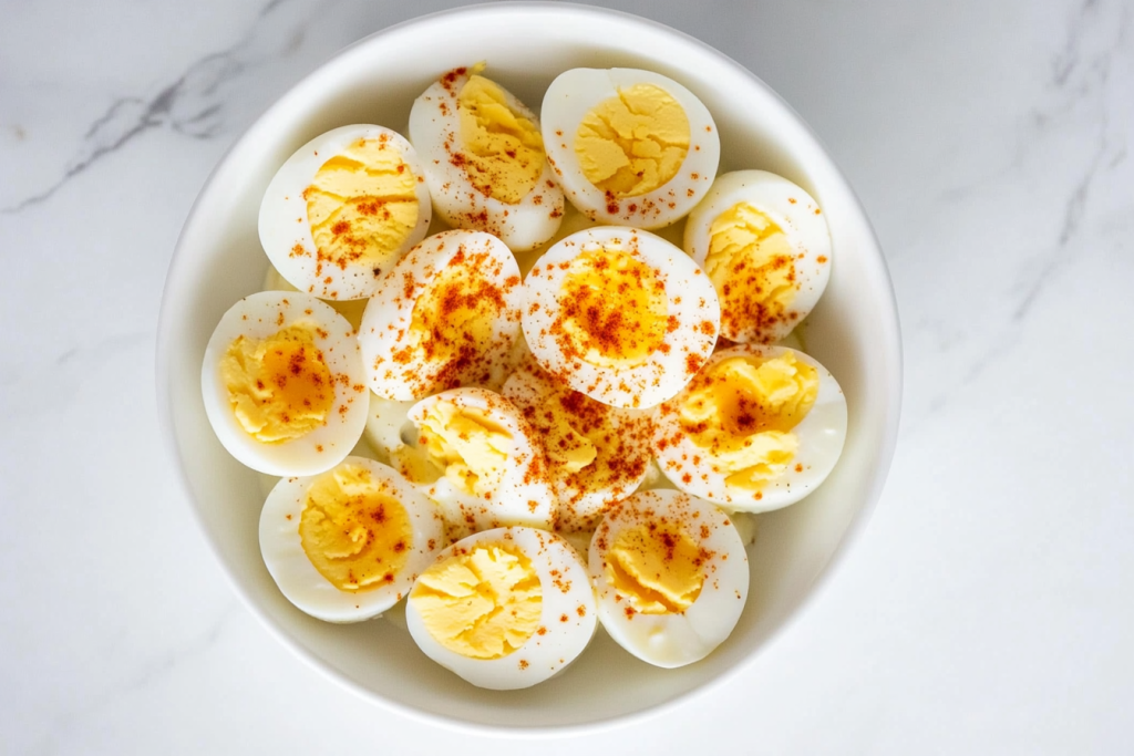 This image shows a creamy old-fashioned egg salad served in a white bowl, enriched with mayonnaise, lemon juice, dried minced onion, salt, and pepper for a timeless flavor.