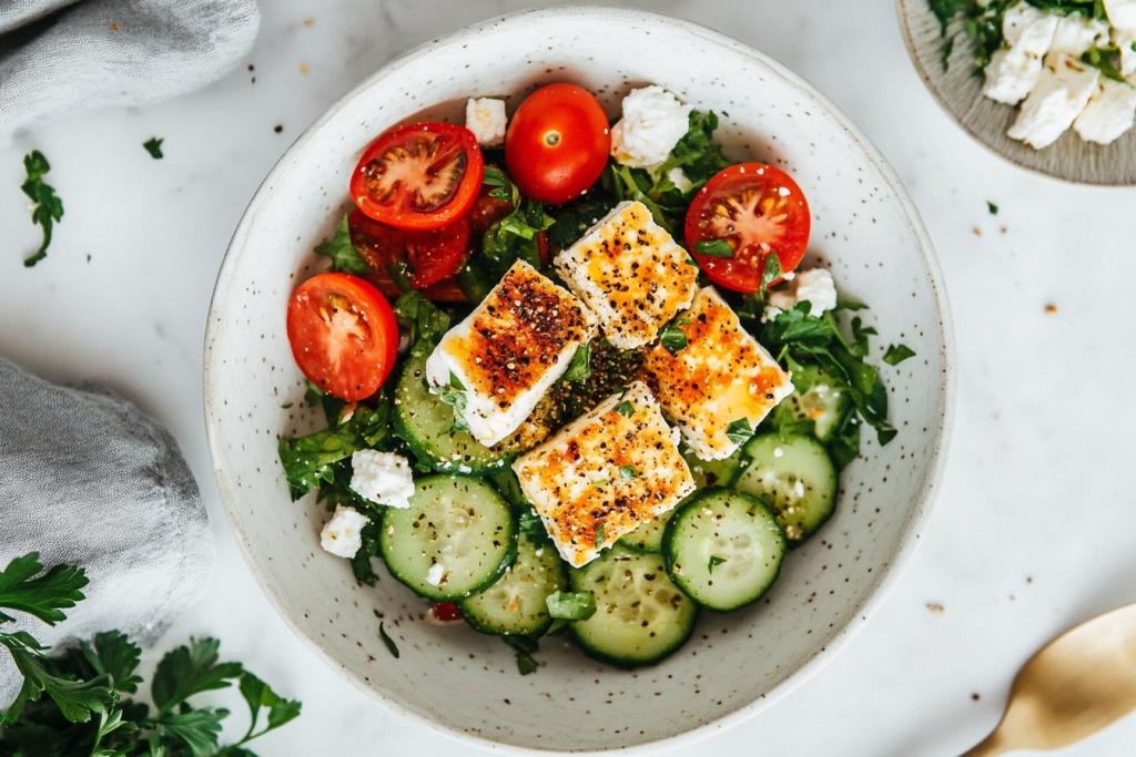 This image shows a vibrant salad with cucumber slices, diced tomatoes, and crumbled feta cheese in a white bowl, lightly drizzled with olive oil and red wine vinegar.