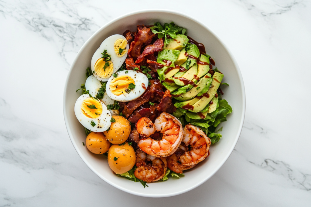 This image shows a shrimp Cobb salad in a white bowl with shrimp, cherry tomatoes, cucumber chunks, halved hard-boiled eggs, diced avocado, crumbled bacon, and blue cheese arranged in neat rows, drizzled with Dijon dressing.