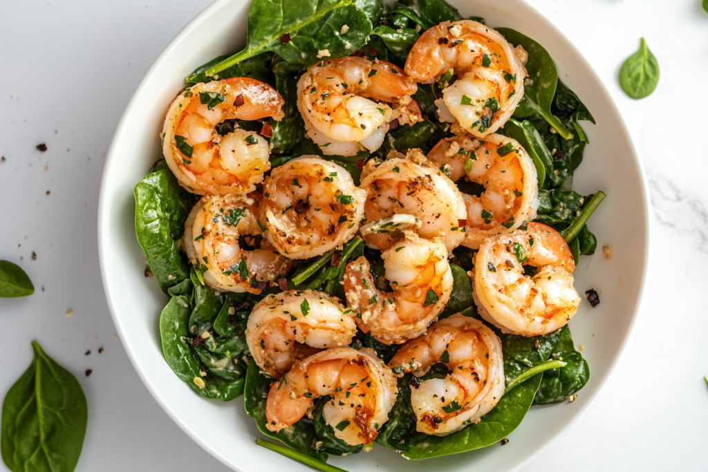 This image shows a fresh spinach salad in a white bowl topped with tender shrimp scampi, lightly seasoned with salt and pepper for a flavorful yet simple dish.