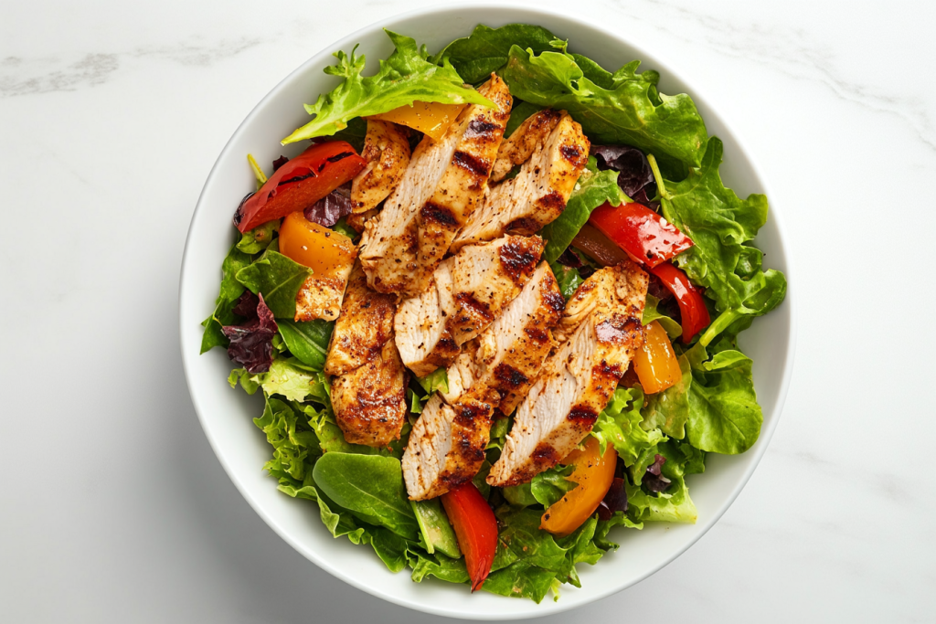 This image shows a white bowl filled with spiced grilled chicken pieces on a bed of mixed greens, tossed in a flavorful dressing made with olive oil, red wine vinegar, and freshly chopped parsley.