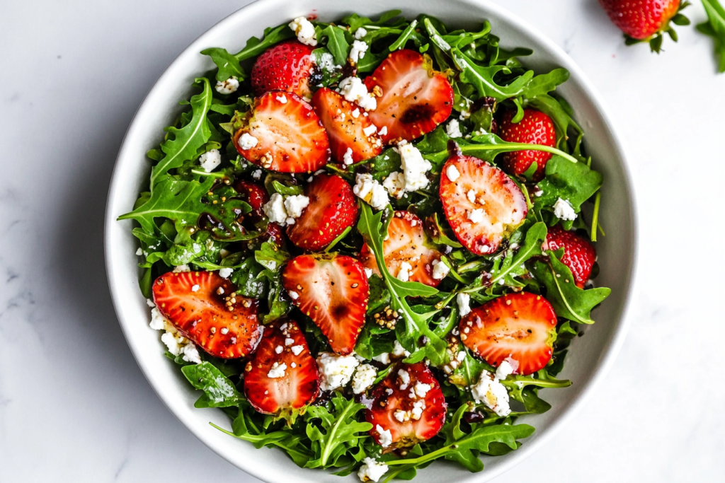 This image shows a colorful strawberry arugula salad in a white bowl, topped with crumbled feta and tossed in a tangy vinaigrette made with olive oil, Dijon mustard, red wine vinegar, lemon juice, balsamic vinegar, rosemary, sage, celery seed, and pepper.
