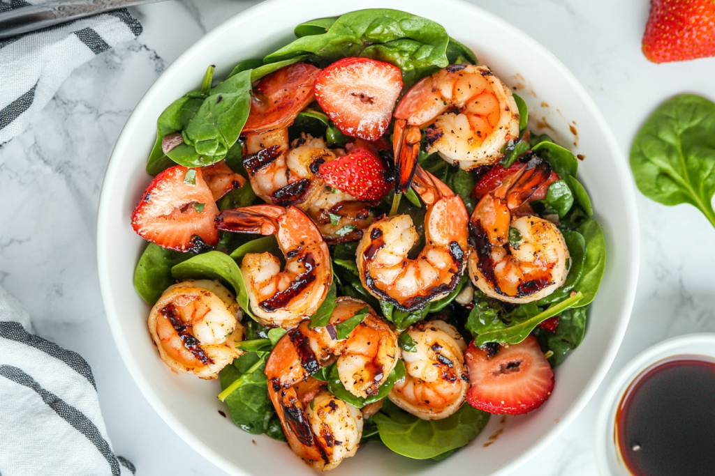 This image shows a refreshing summer shrimp salad in a white bowl, featuring shredded lettuce, diced red onions, and a light dressing tossed together for a perfect summer dish.